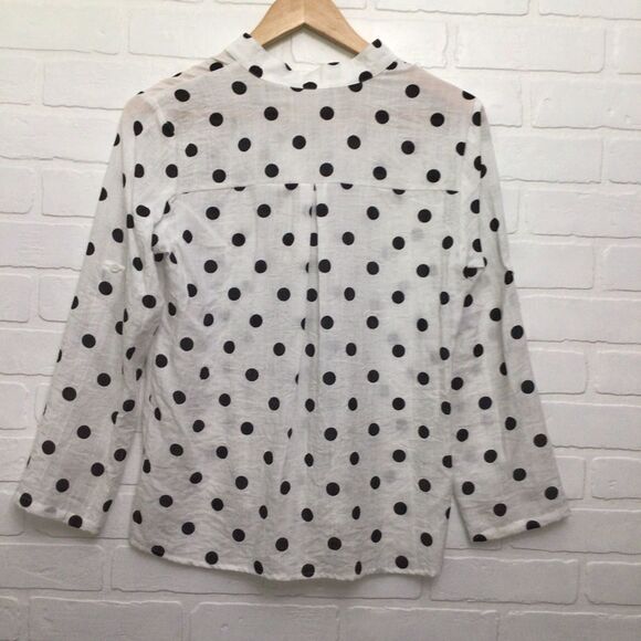 2/40$ LINEN blouse polka dots black ecru mao neck button Down casual shirt med - Picture 2 of 12